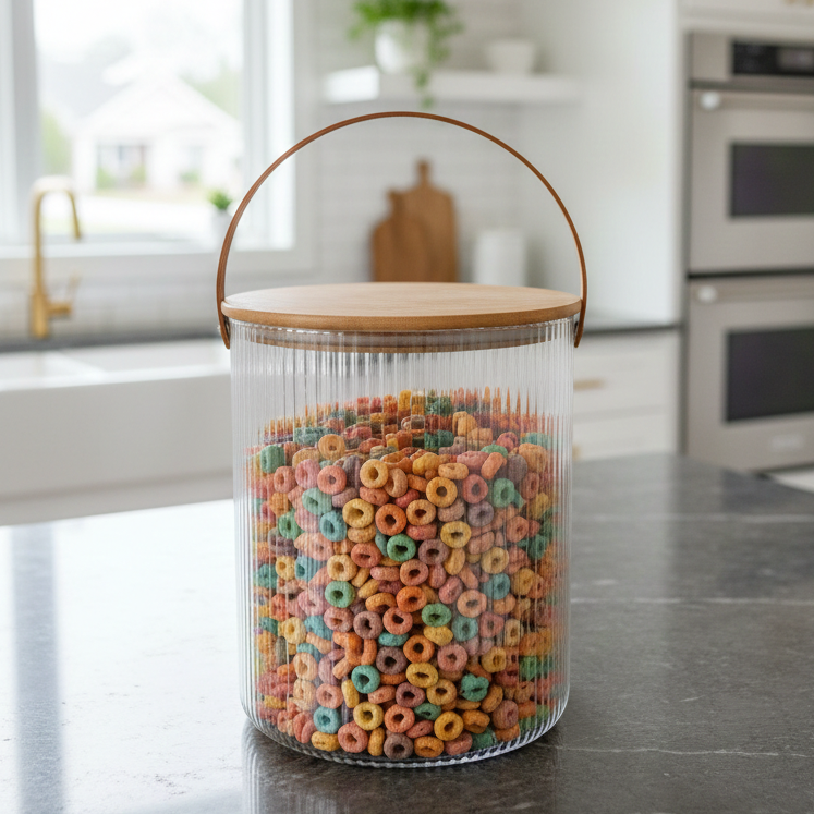 Ribbed Storage Bucket with Wooden Lid & Handle