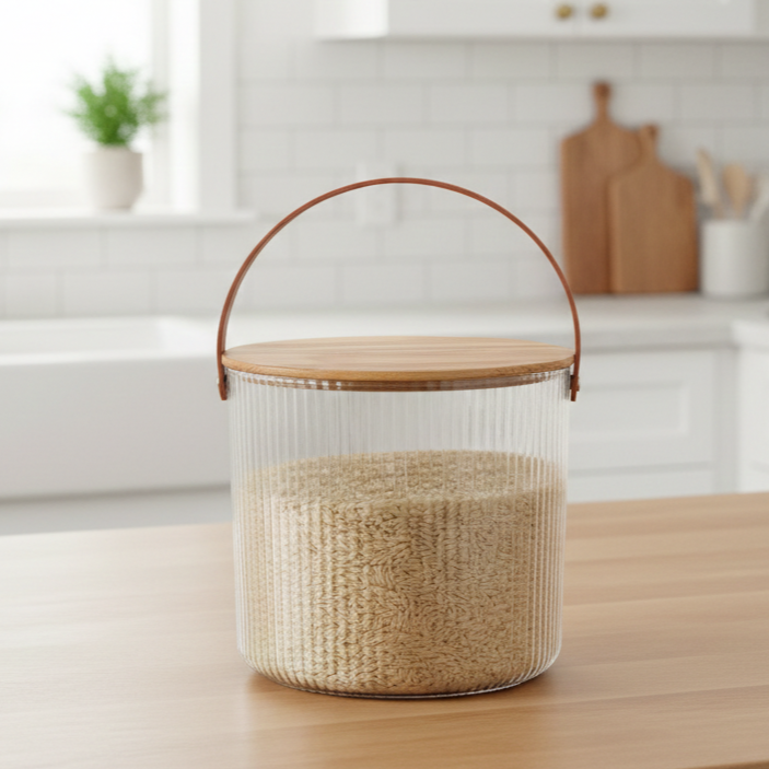 Ribbed Storage Bucket with Wooden Lid & Handle