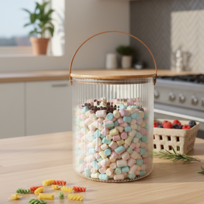 Ribbed Storage Bucket with Wooden Lid & Handle