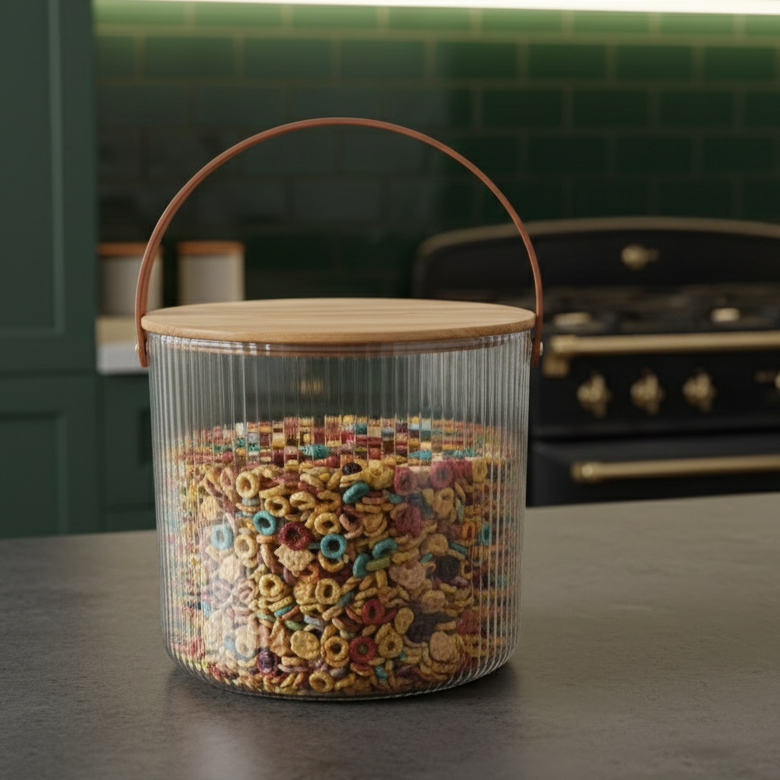 Ribbed Storage Bucket with Wooden Lid & Handle