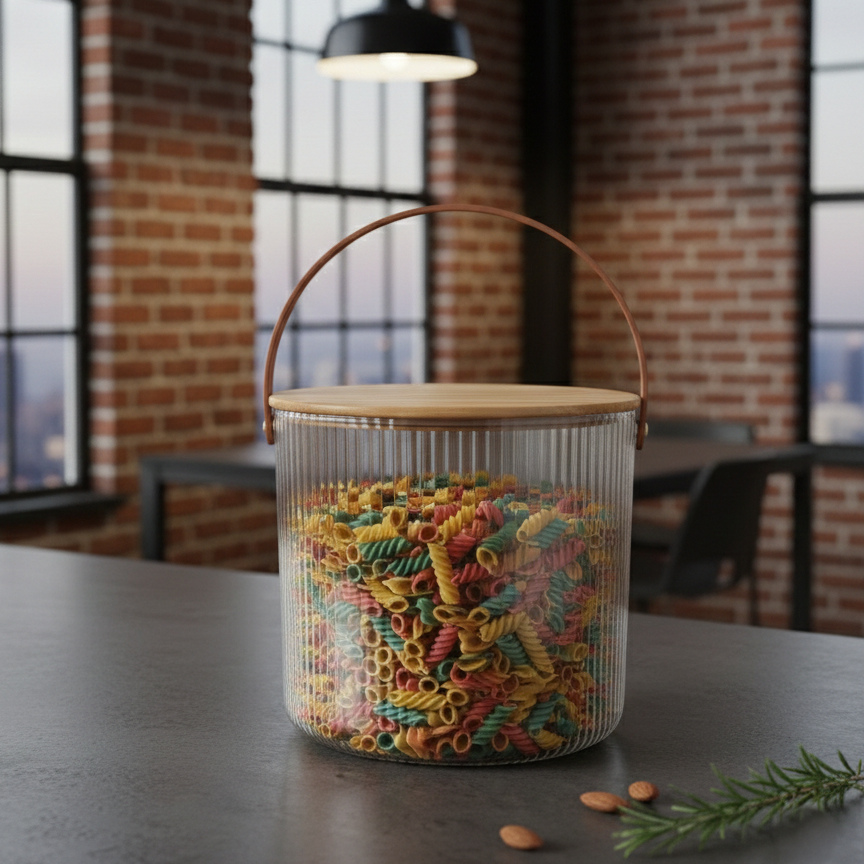 Ribbed Storage Bucket with Wooden Lid & Handle