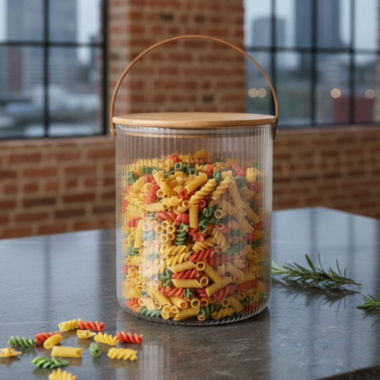 Ribbed Storage Bucket with Wooden Lid & Handle