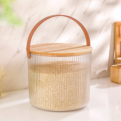 Ribbed Storage Bucket with Wooden Lid & Handle